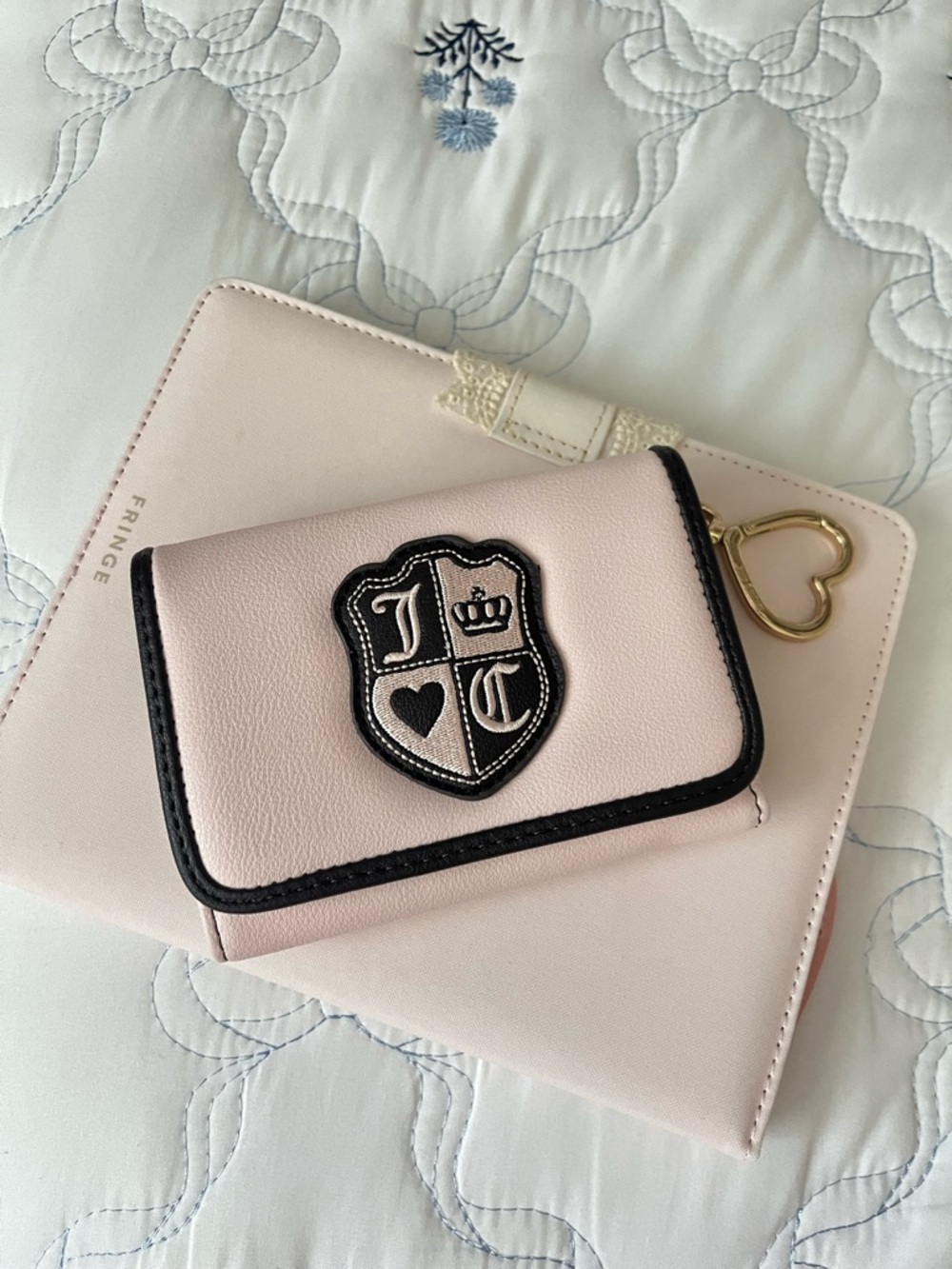 Juicy Couture Light Pink Wallet with Crest Patch and Heart Keyring
